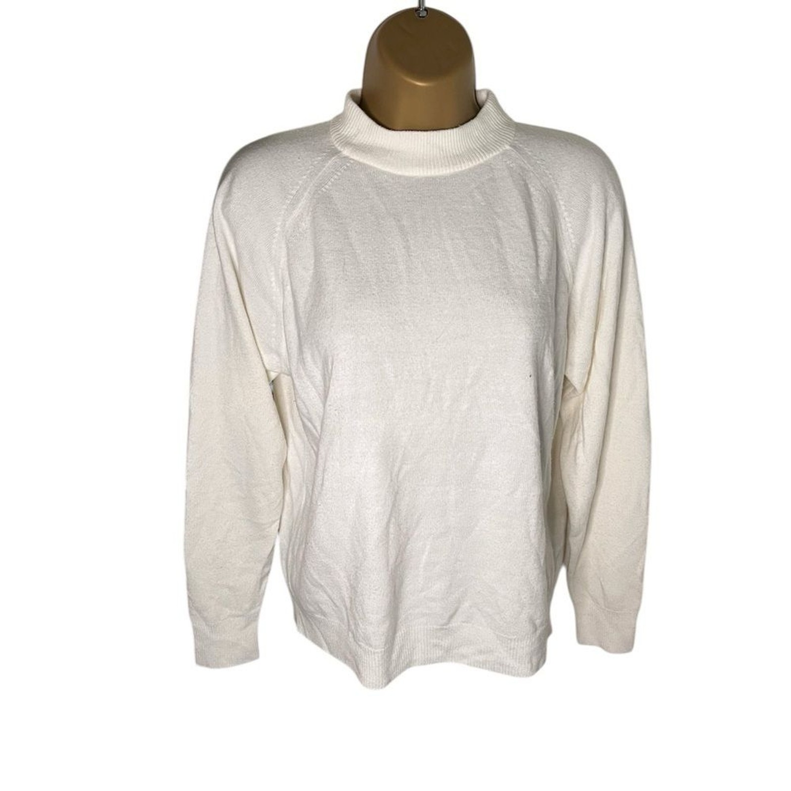 Vintage 90s Designers Originals Luxelon Mock Neck Sweater Back Zip Ribbed Bone M