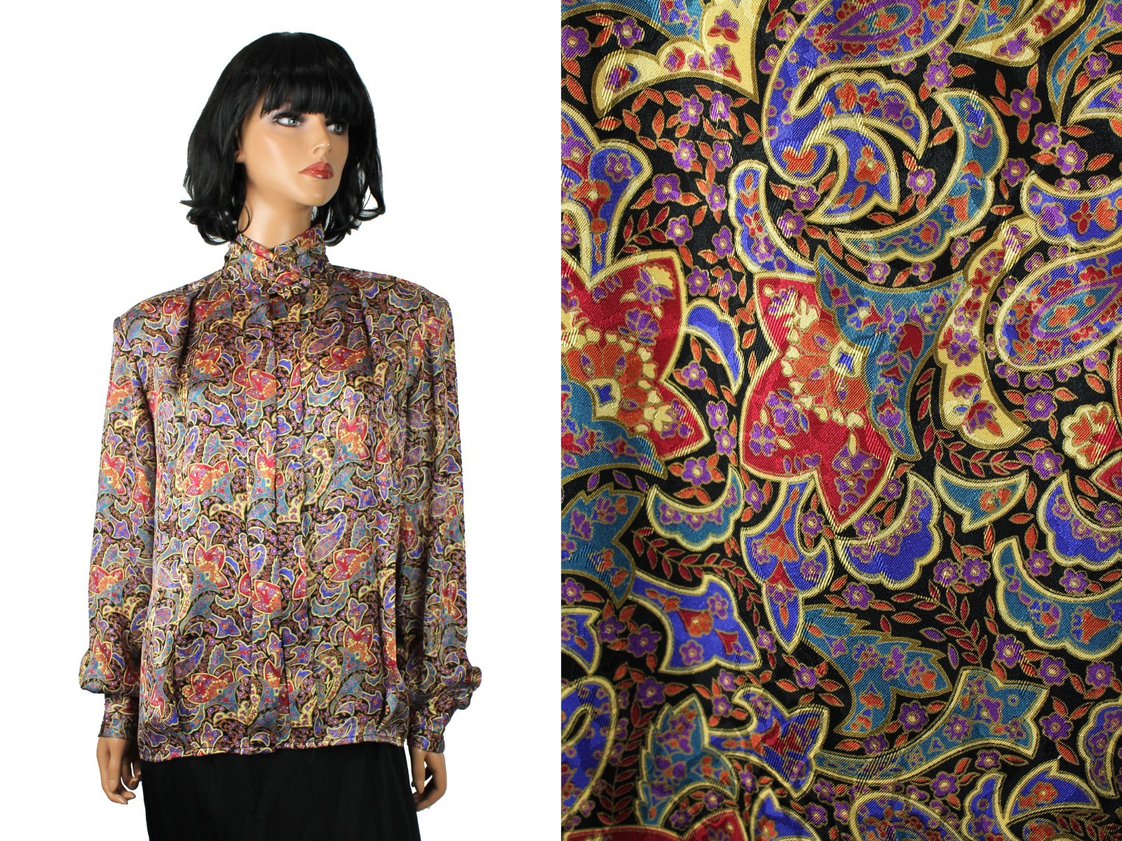 Vintage Secretary Blouse 12 L Black Red Blue Paisley Turtleneck Dress Shirt