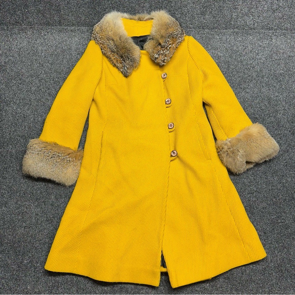 Vintage 60s Yellow Wool Coat Real Fur Collar Cuffs ILGWU Union Made Twee 1960s