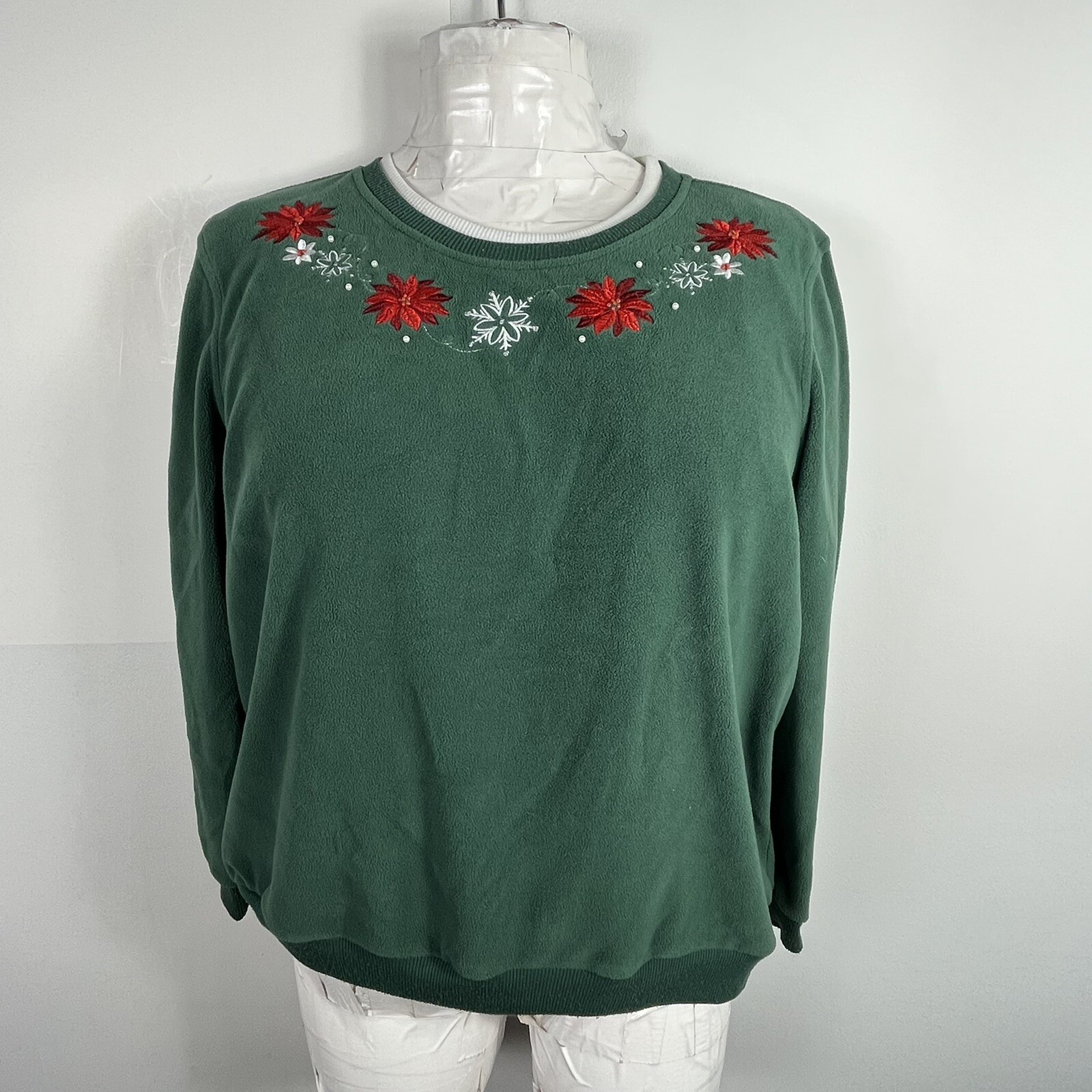 Talbots Green Sweater sz L Long Sleeve Embroidered Holiday Festive VINTAGE