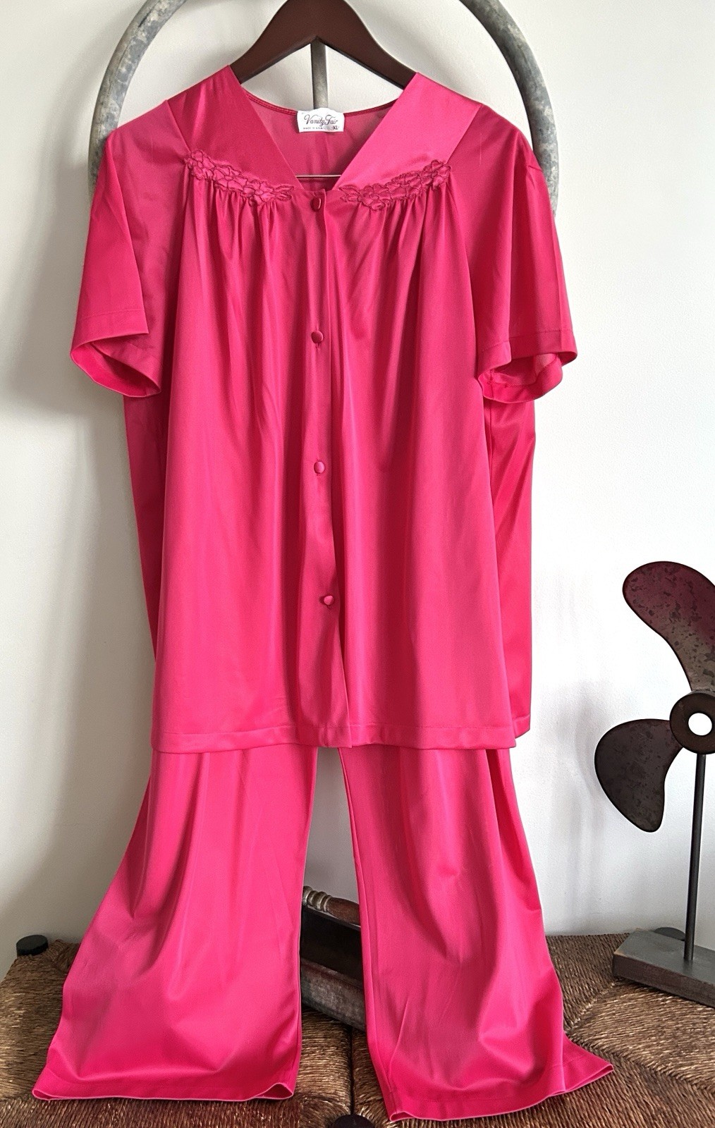 Vintage Vanity Fair Fuschia Dark Pink Pajama Set Short Sleeve XL