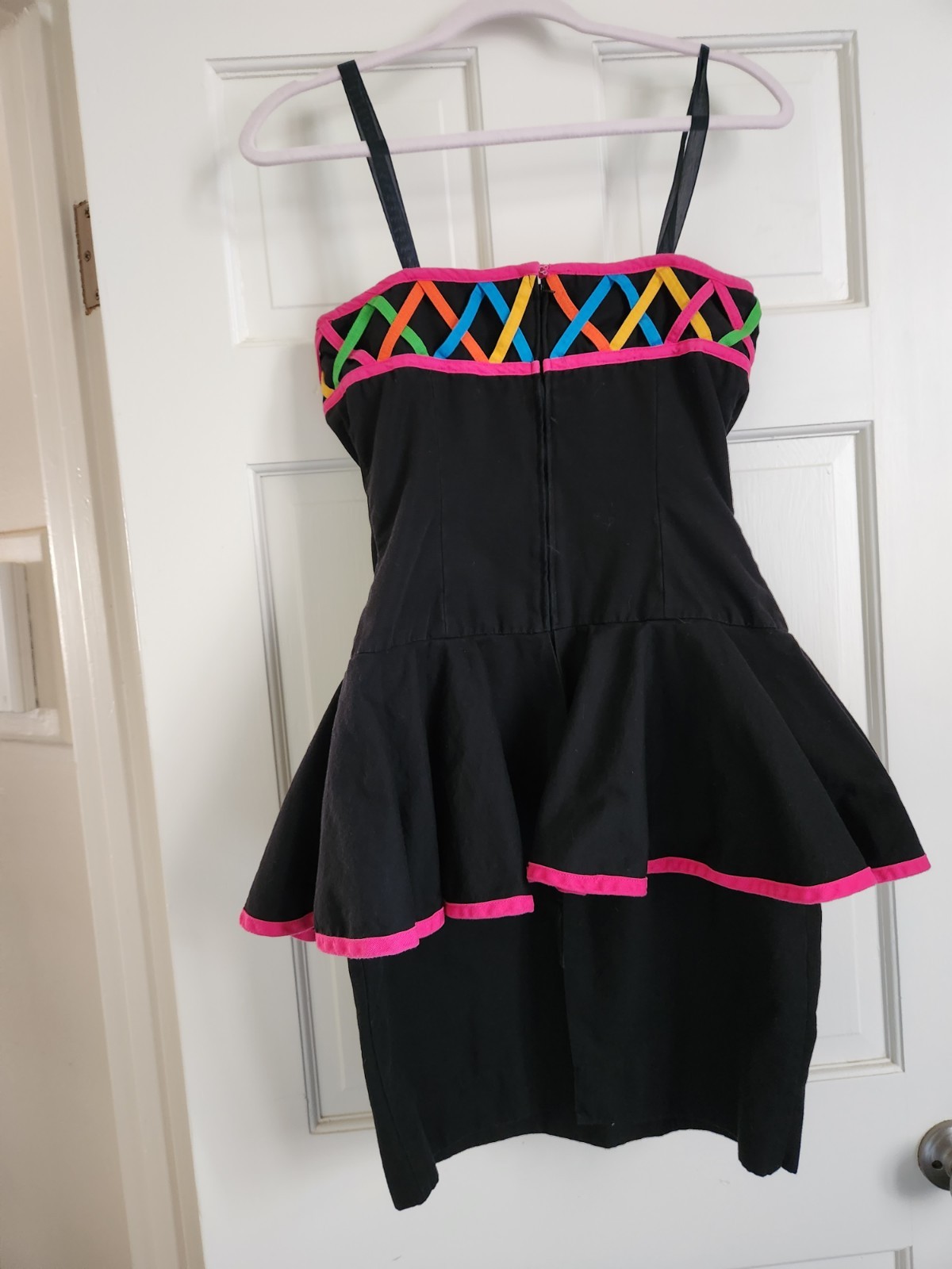 Vintage 1980s Peplum Dress Rave Neon Rainbow 80s Birthday Wedding Rio Carnival