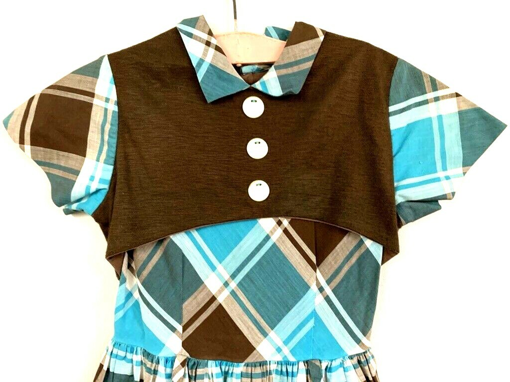 VTG 50s Cinderella’s Coach Plaid Girl’s Dress Brown Aqua White Vest Detail Sz