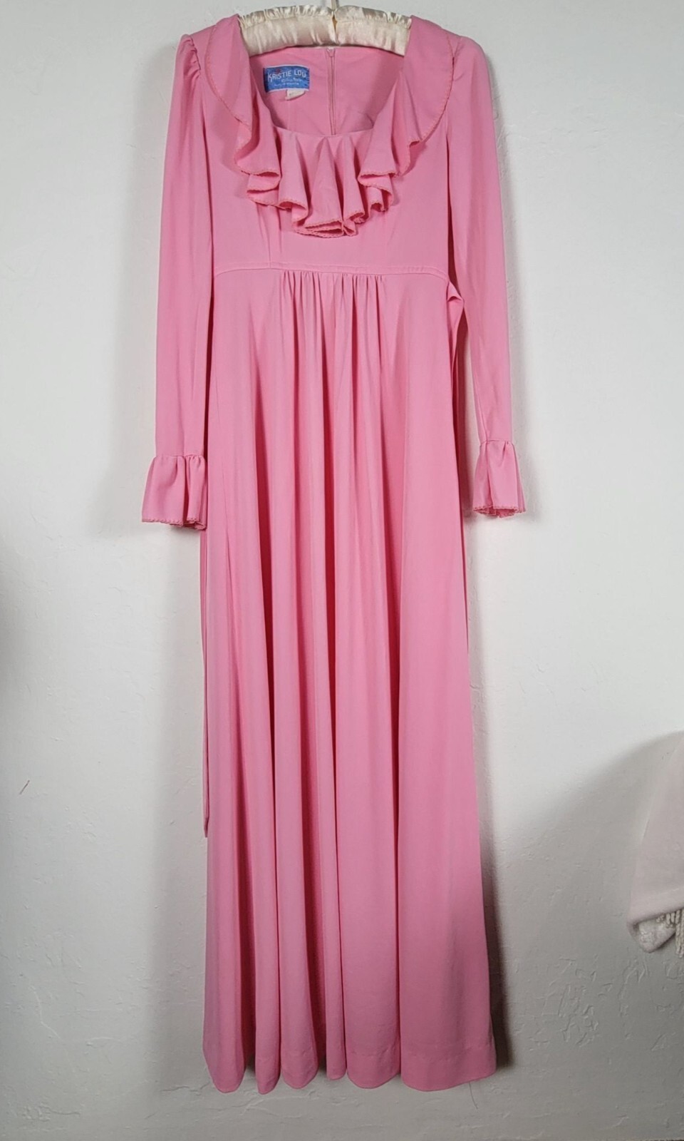 Vintage Kristie Lou Juniors Long-Sleeve Ruffled Maxi Dress Pink Empire Waist