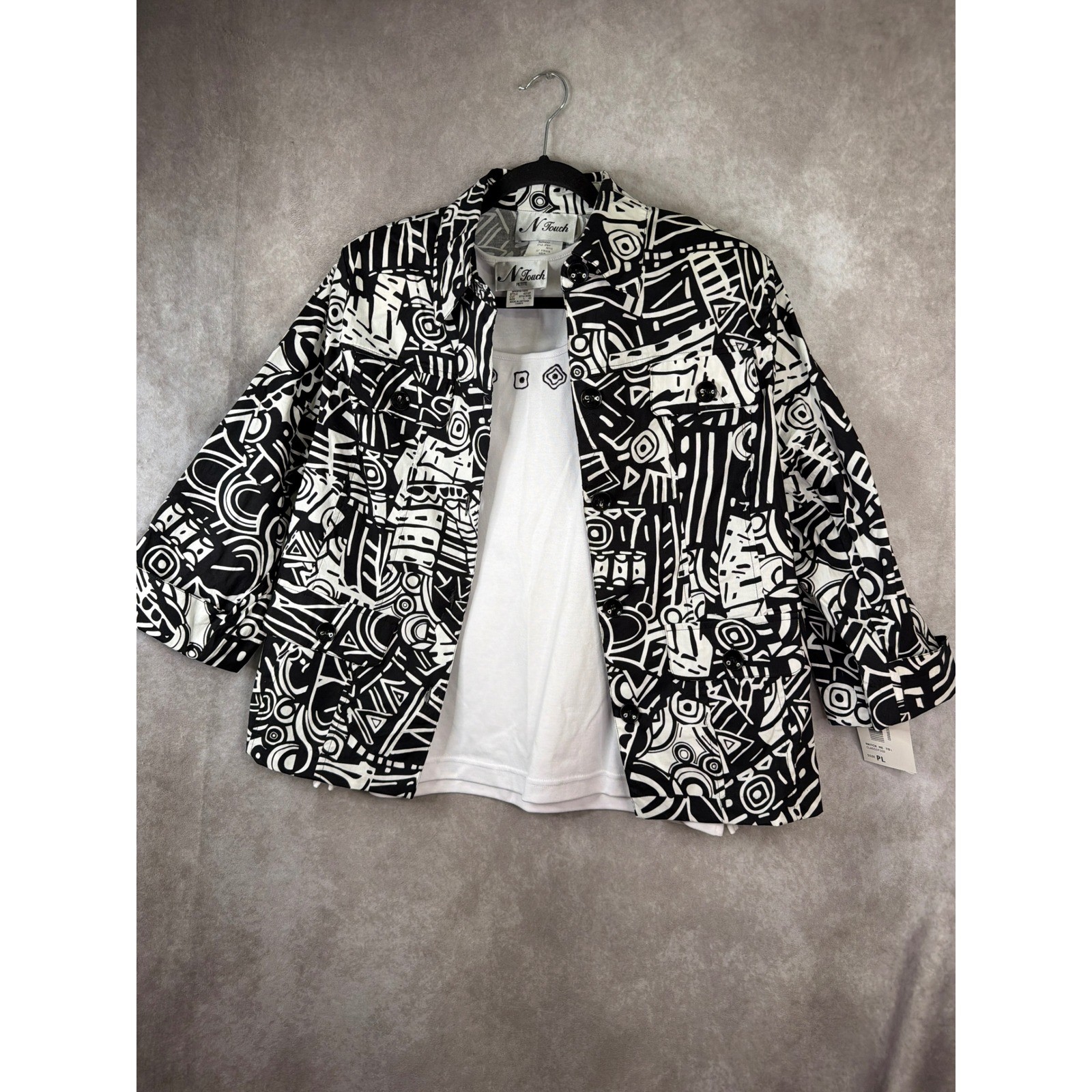 NWT VTG N Touch Jacket Set Women PL White Black Abstract 2pc Shell Petite