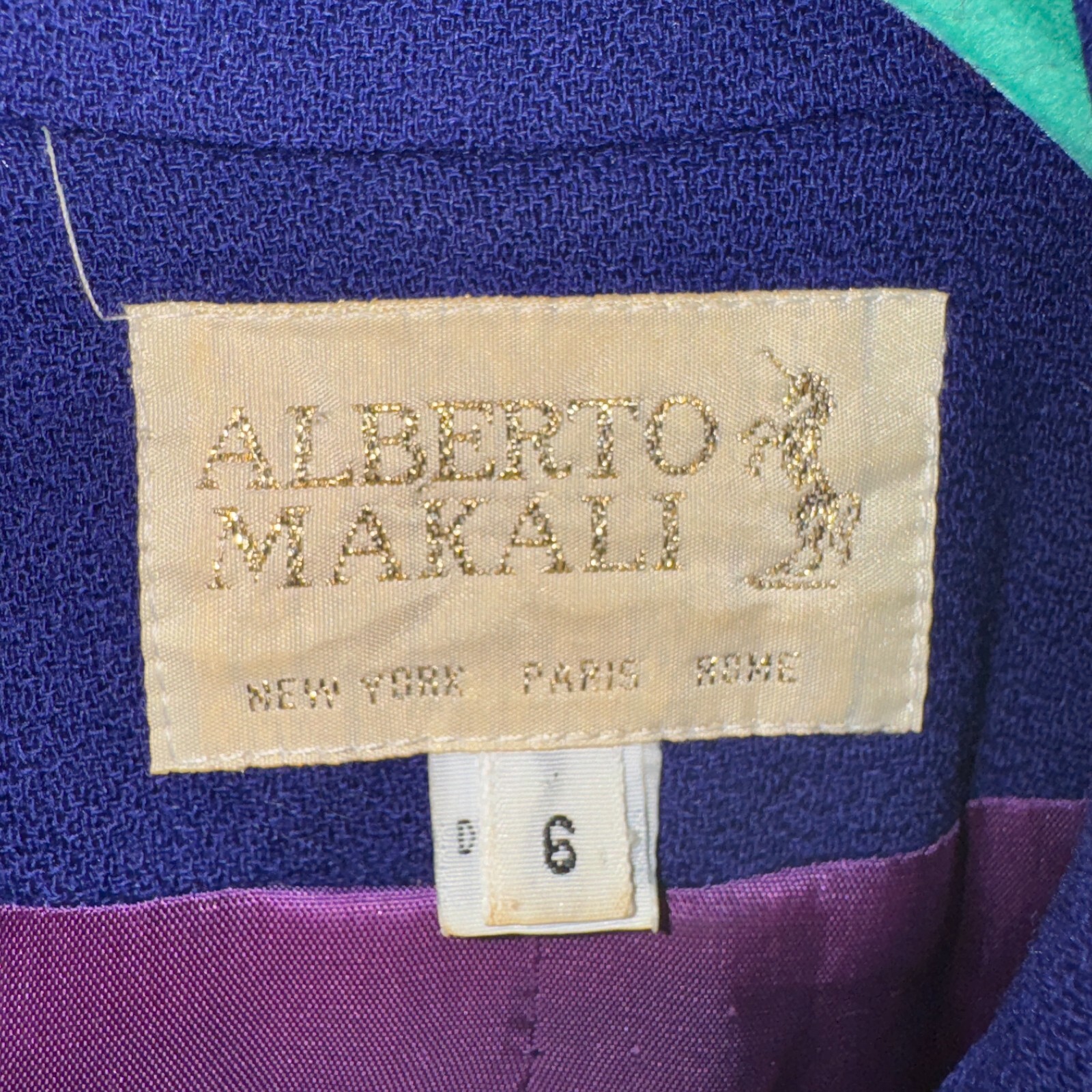 Vintage 80’s Alberto Makali Purple Hot Pink Colorblock Wool Blazer Jacket Size 6
