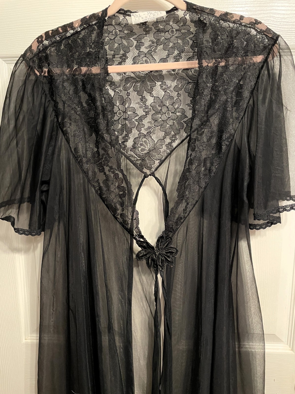 Vtg VAL MODE Peignoir Black Nylon Sz S Negligee Robe OPEN BACK Sheer Nightgown