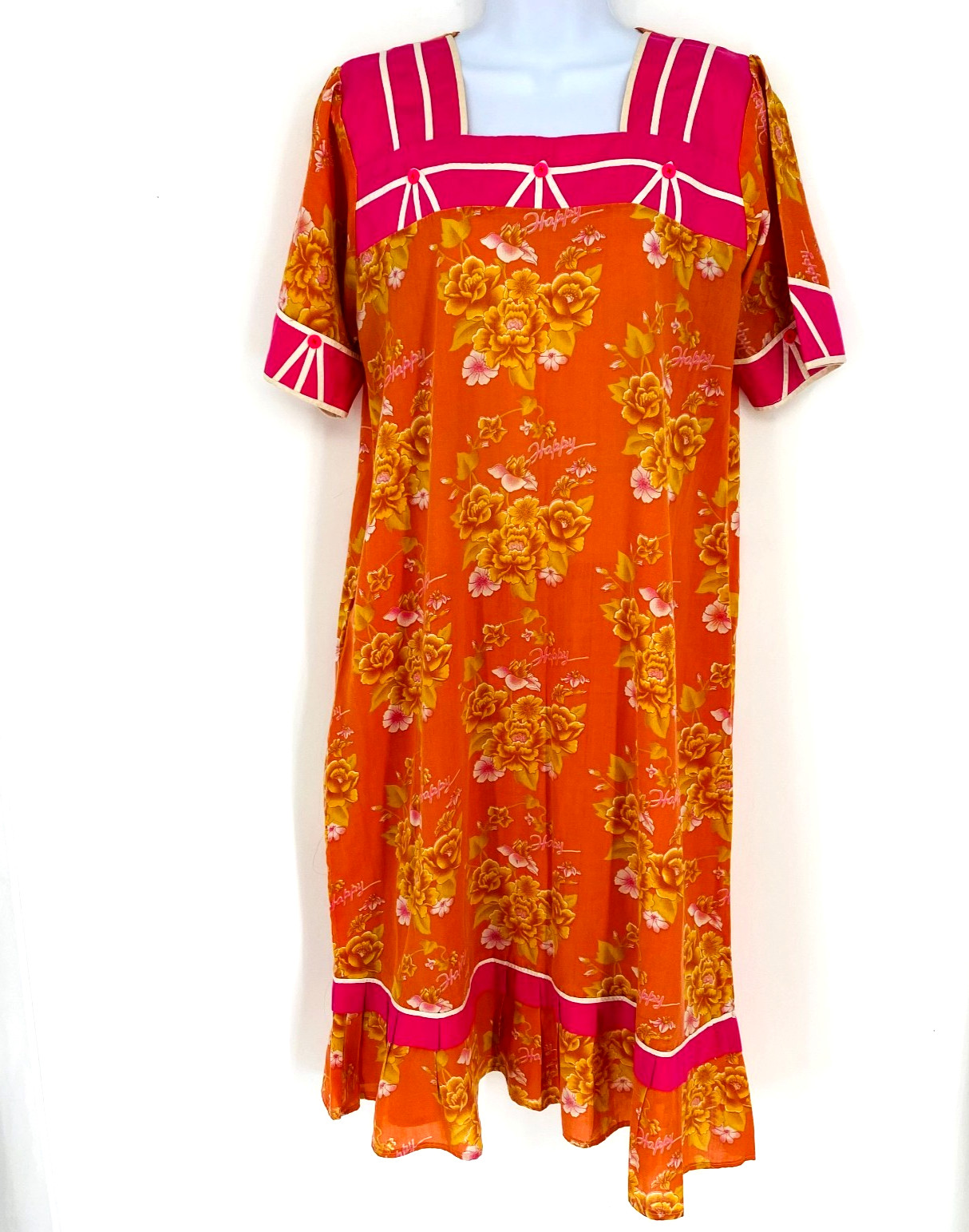 Vintage Handmade Hawaiian Kaftan Muumuu Dress M/M Pink Orange Floral Aloha Happy
