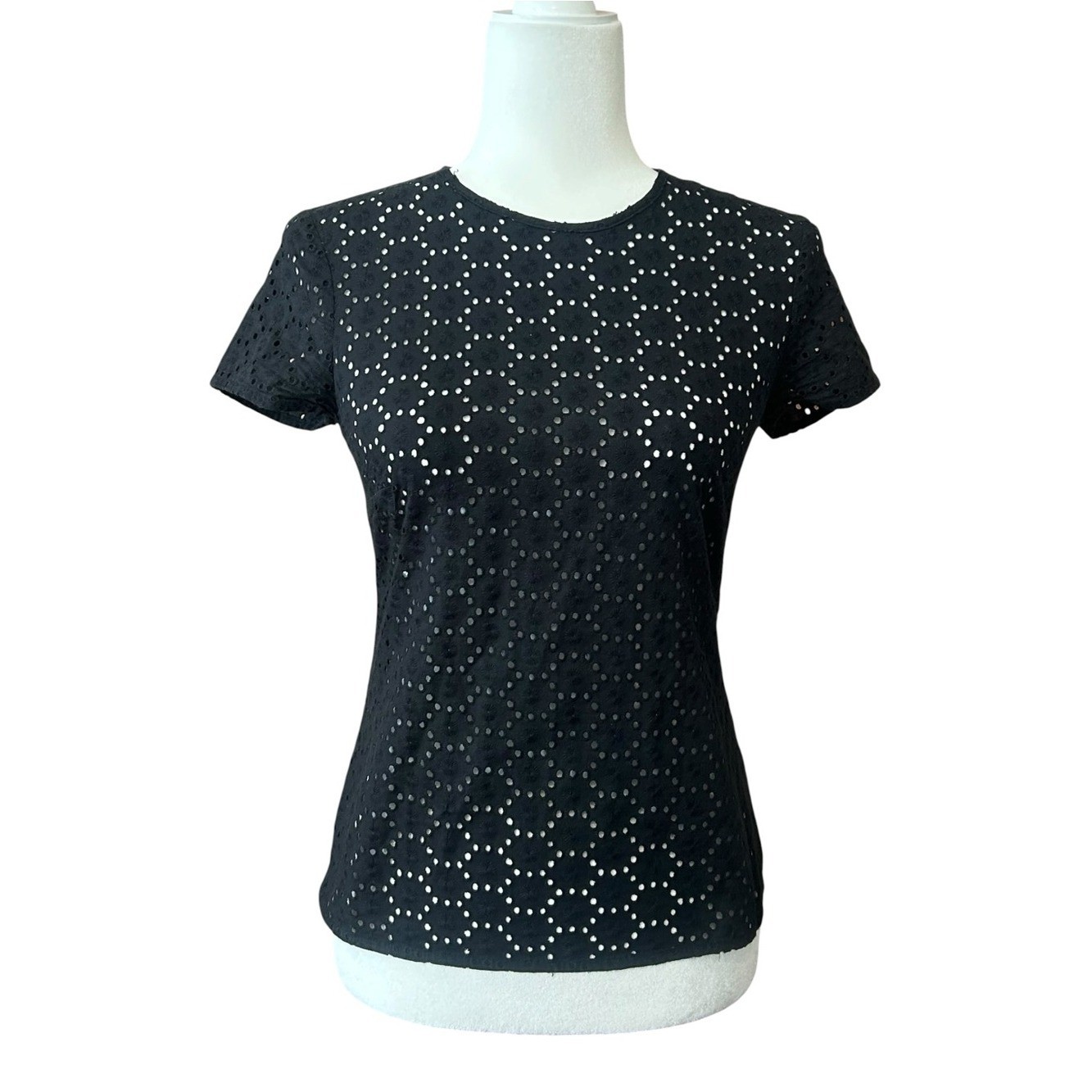 Vintage Y2K Versus Versace Black Cotton Eyelet Lace Short Sleeve Top SZ US 2