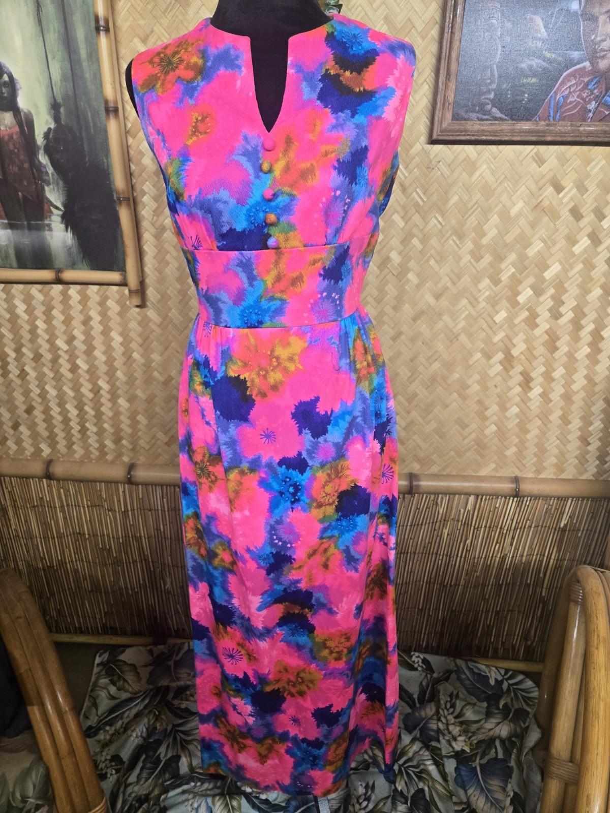 Vintage Gallant Of California Hawaiian Styled Barkcloth Maxi Aloha Dress w1155