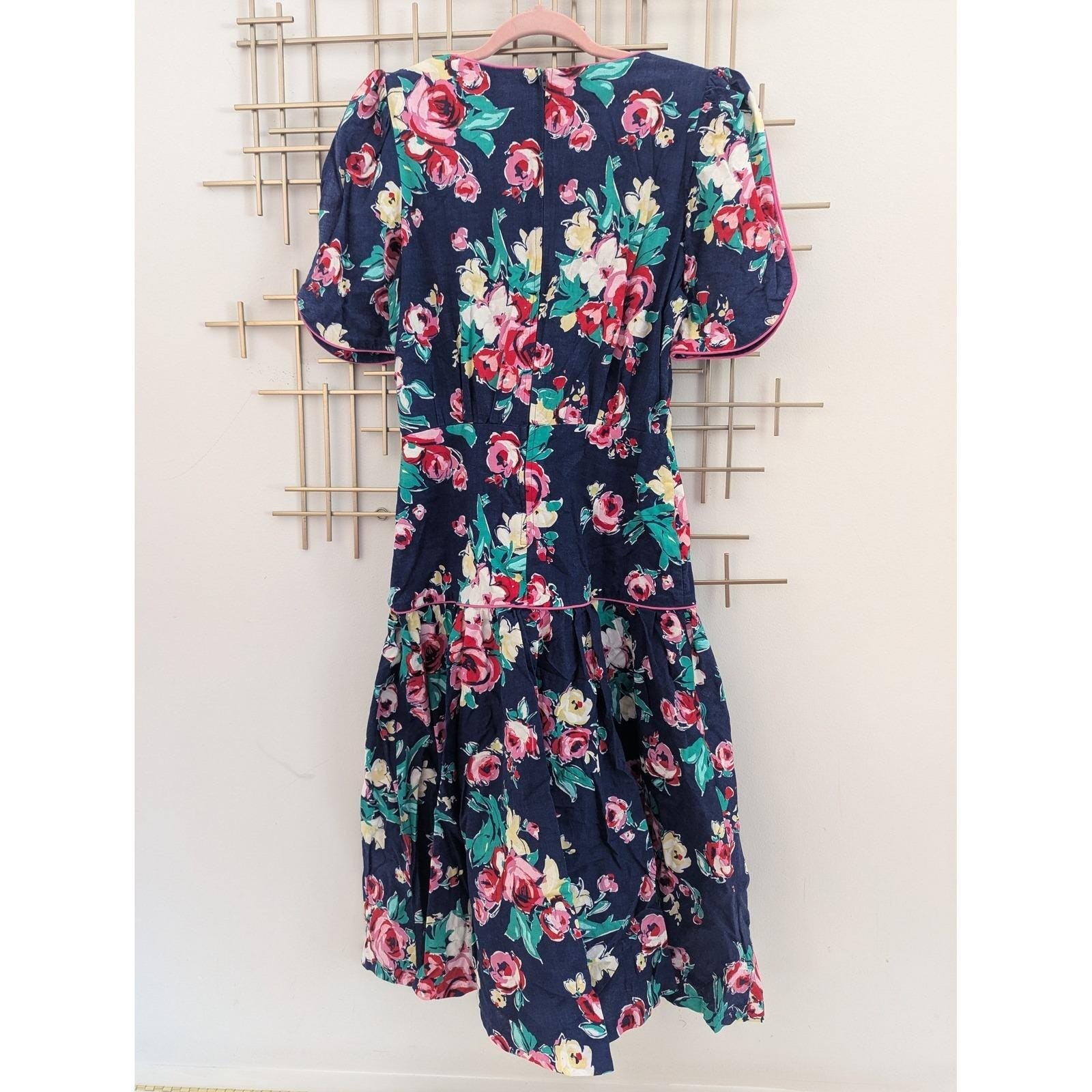 Vtg 80s Midi Dress Navy Pink Floral Drop Waist Piped Trim Short Sleeve Sz 10