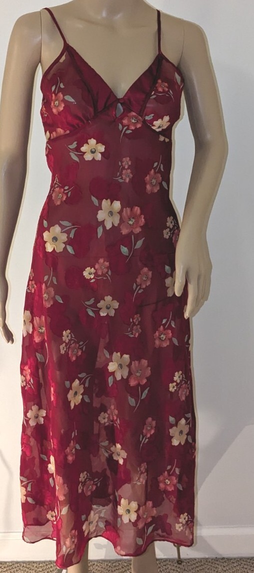 Sexy Secret Treasures Long Gown Sz M Deep Red Sheer Floral Burn Out Slip Dress
