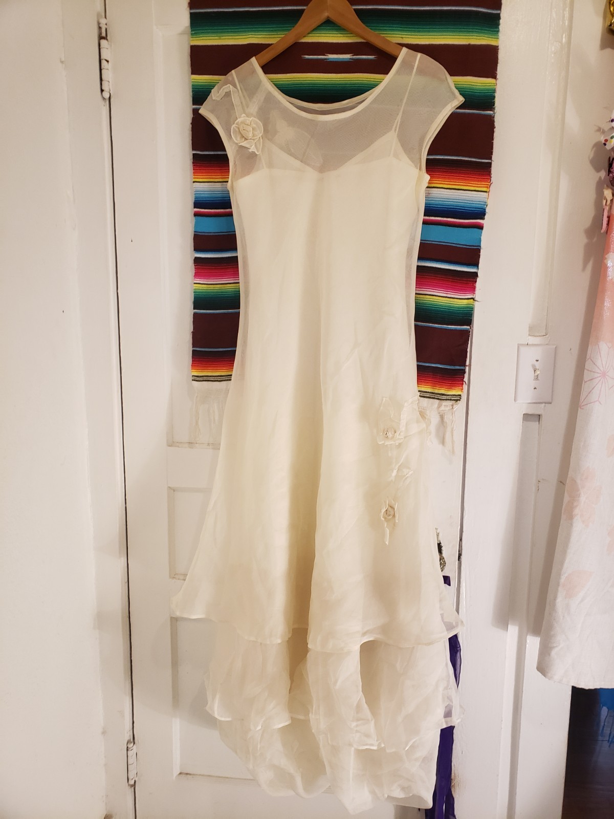 Vtg 90s Tiar Silk Organza & Linen 2 Pc Dress Long As Is Tiered Bubble Hem Sz L
