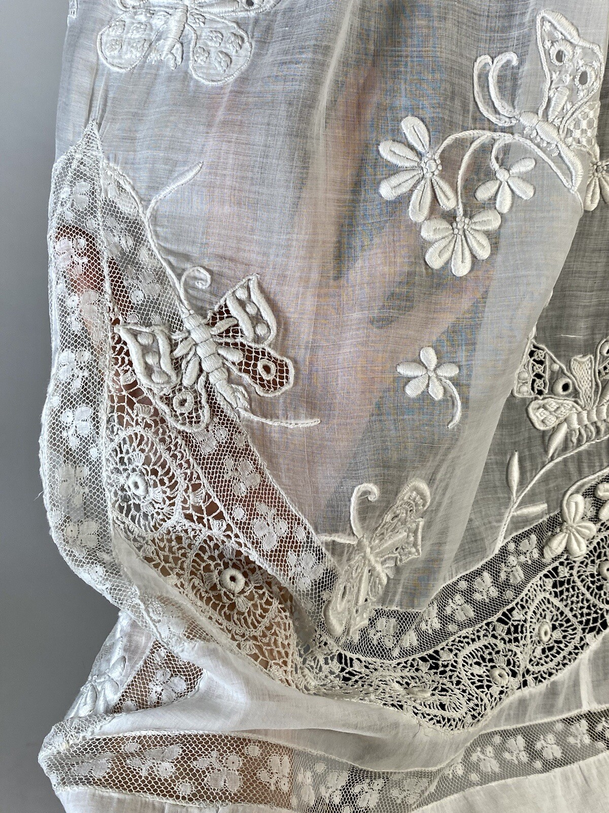Antique late Victorian-Edwardian intricate pieced lace sheer wedding gown dress