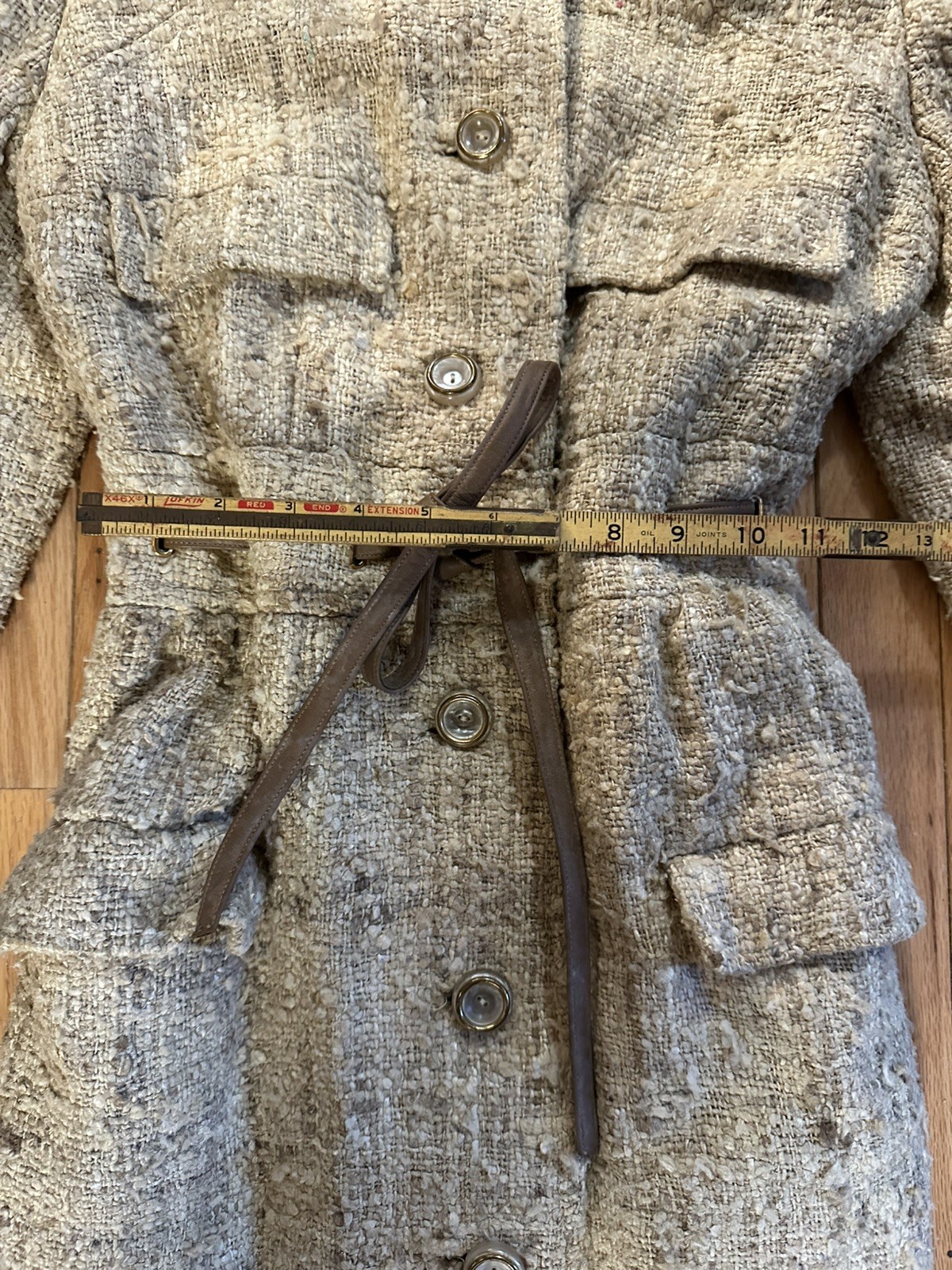 VINTAGE NEIMAN-MARCUS PIETRO Womens Suit Cream Brown Silk Wool Leather With Belt