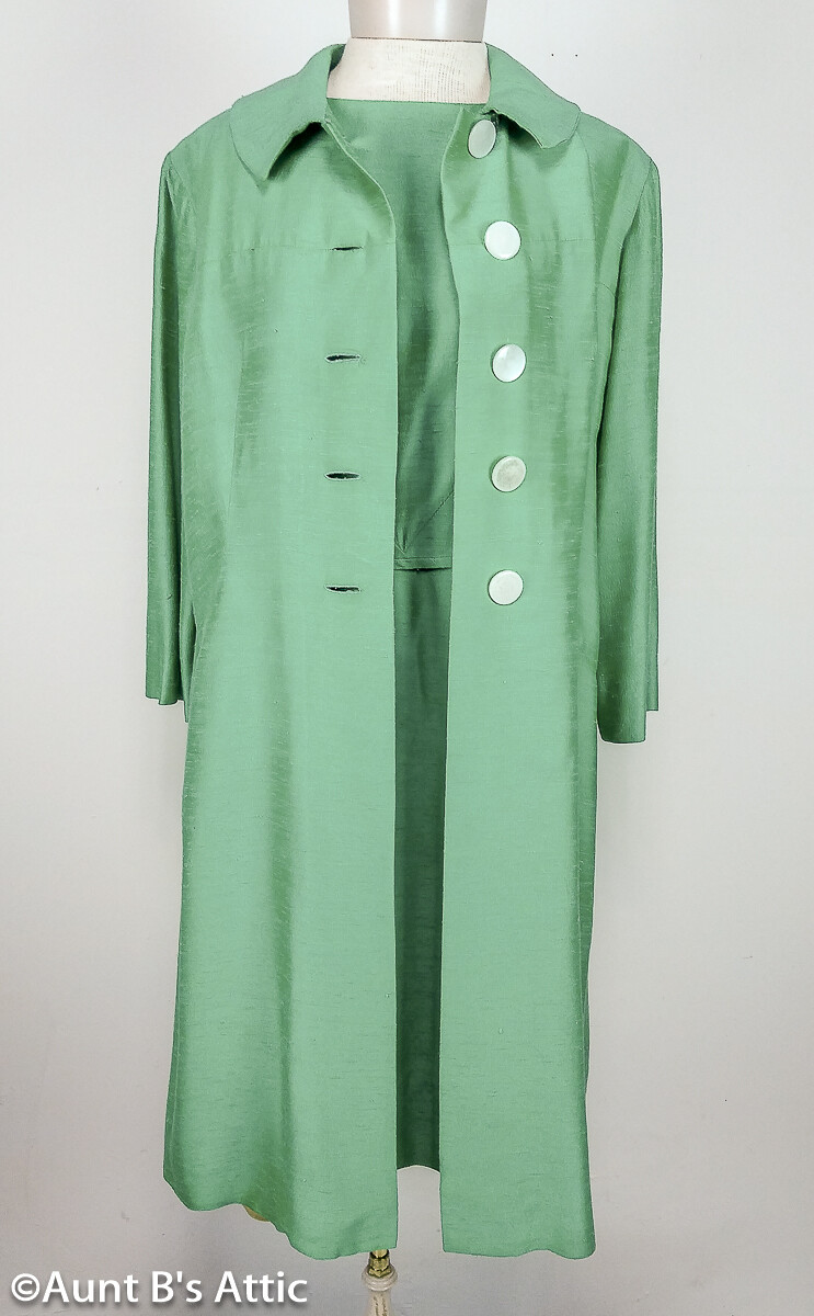 Vintage 60’s Spring Handmade Matching Gr Sleeveless Dress & 5 Button Coat M/L