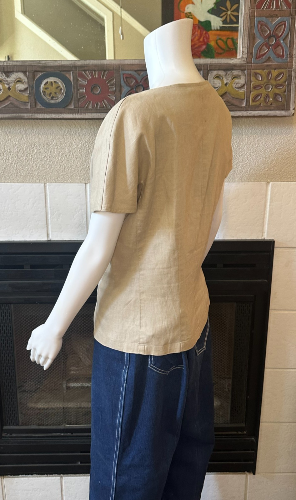 Claude Bennett Short Sleeve 100% Linen Size 12 tan button up blouse vtg