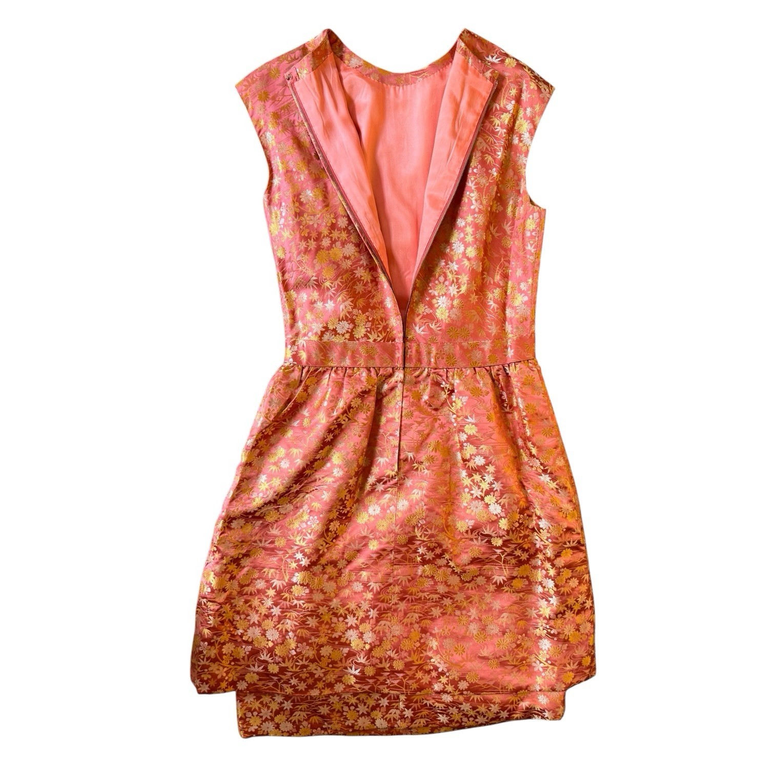 Handmade Silk Brocade Dress Pink Gold Floral Asian Inspired Bow Waist Small