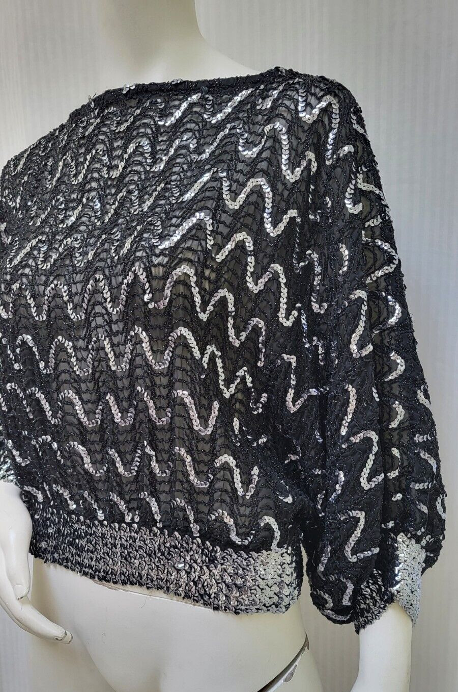 Vintage 1970s Black Silver Sequin Semi Sheer Balloon Sleeve Top – Size S/M