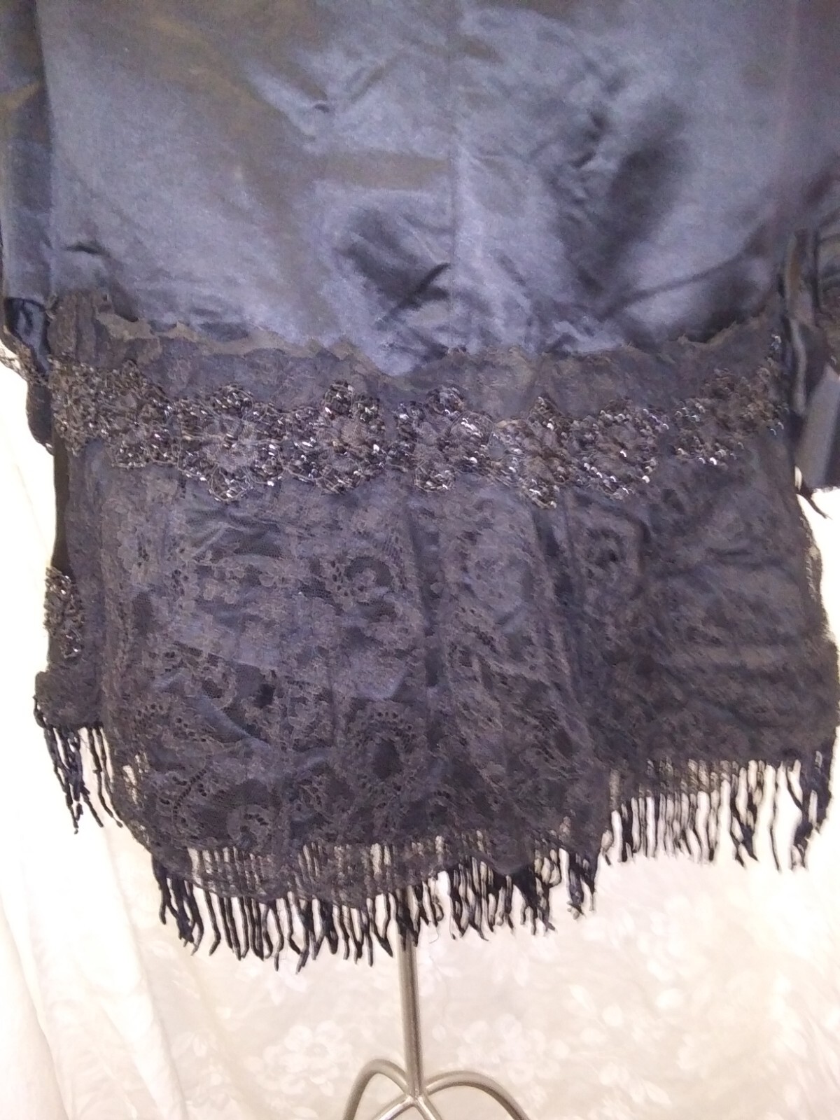 Vintage 1890’s 1900’s Black Satin Rayon Beaded Fringe Lace Coat Size M/L