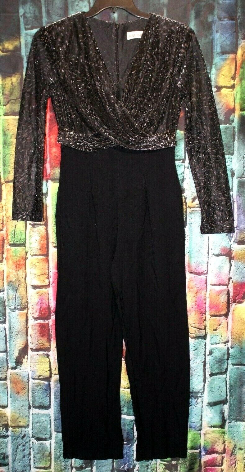 Vintage Menu Black One Piece Jumpsuit Long Sheer Sleeve Wrap Front Size 6 Party