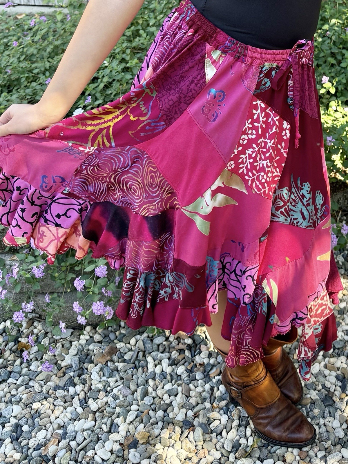 Vintage 1980s Patchwork Skirt Elastic Waist Hot Pink/Magenta +Free Bonus Top M/L