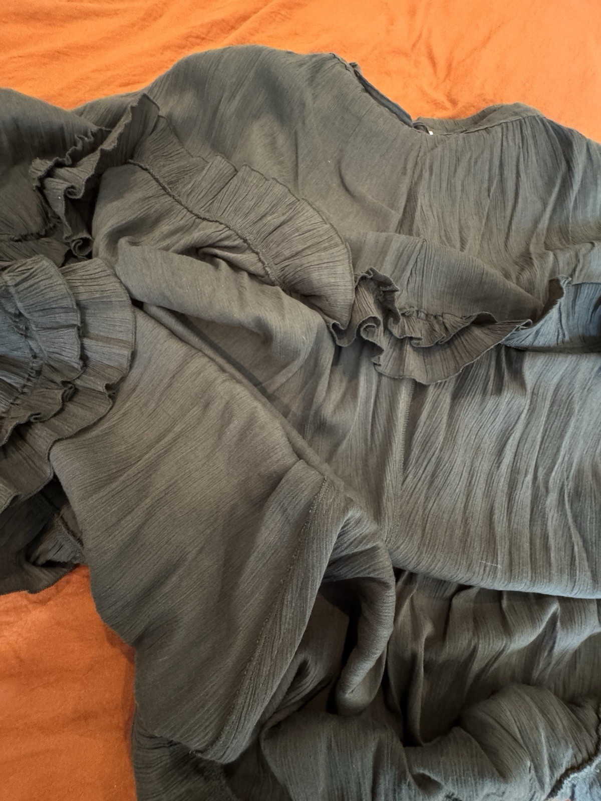 Sz L XL Vintage Olive Green Broom Stick Maxi Skirt Gauze Ruffled Full Peasant