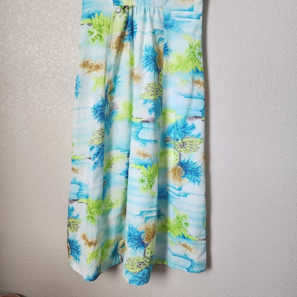 PENNEY’S HAWAII 70’s Maxi Dress Tropical Flutter Sleeve Blue Green Bright