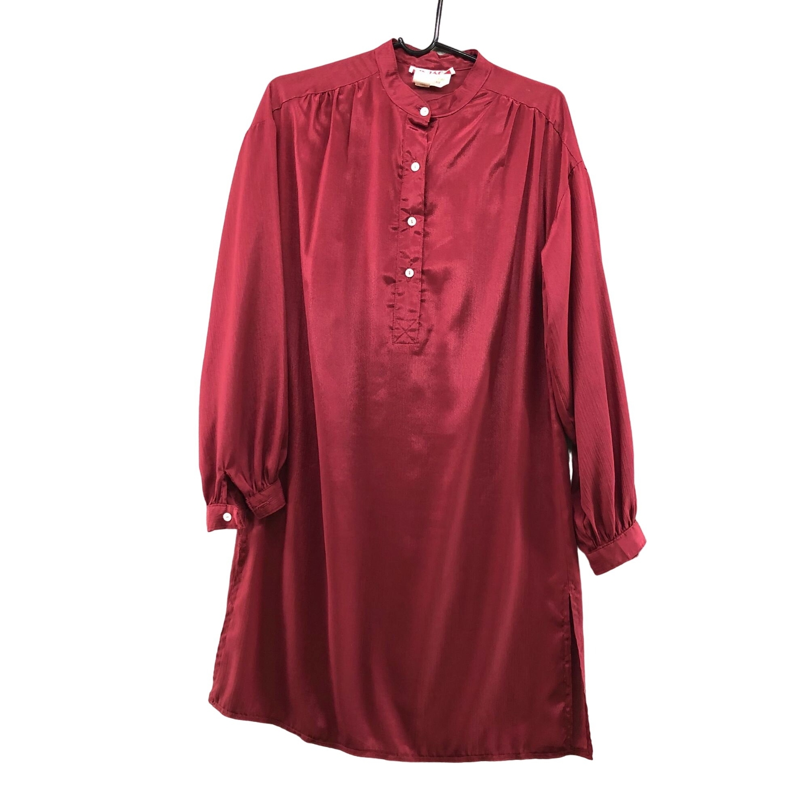VTG Nightgown Womens L (14) Satin Pajama Dress Long Sleeve Wine Red Union Made