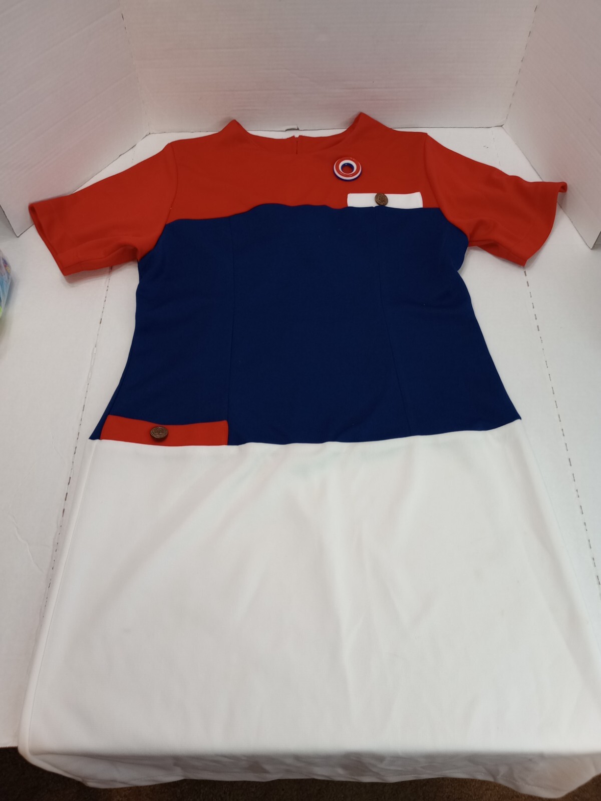 Vintage MCM 70s red white and blue dress by LADY RONTE Retro groovy w/ BROOCH