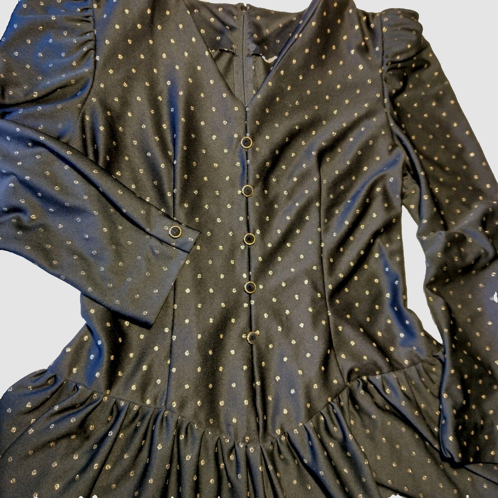 Vintage 1980s Homemade Dress Black Gold Metallic Polka Dot Drop Waist Party Nerd