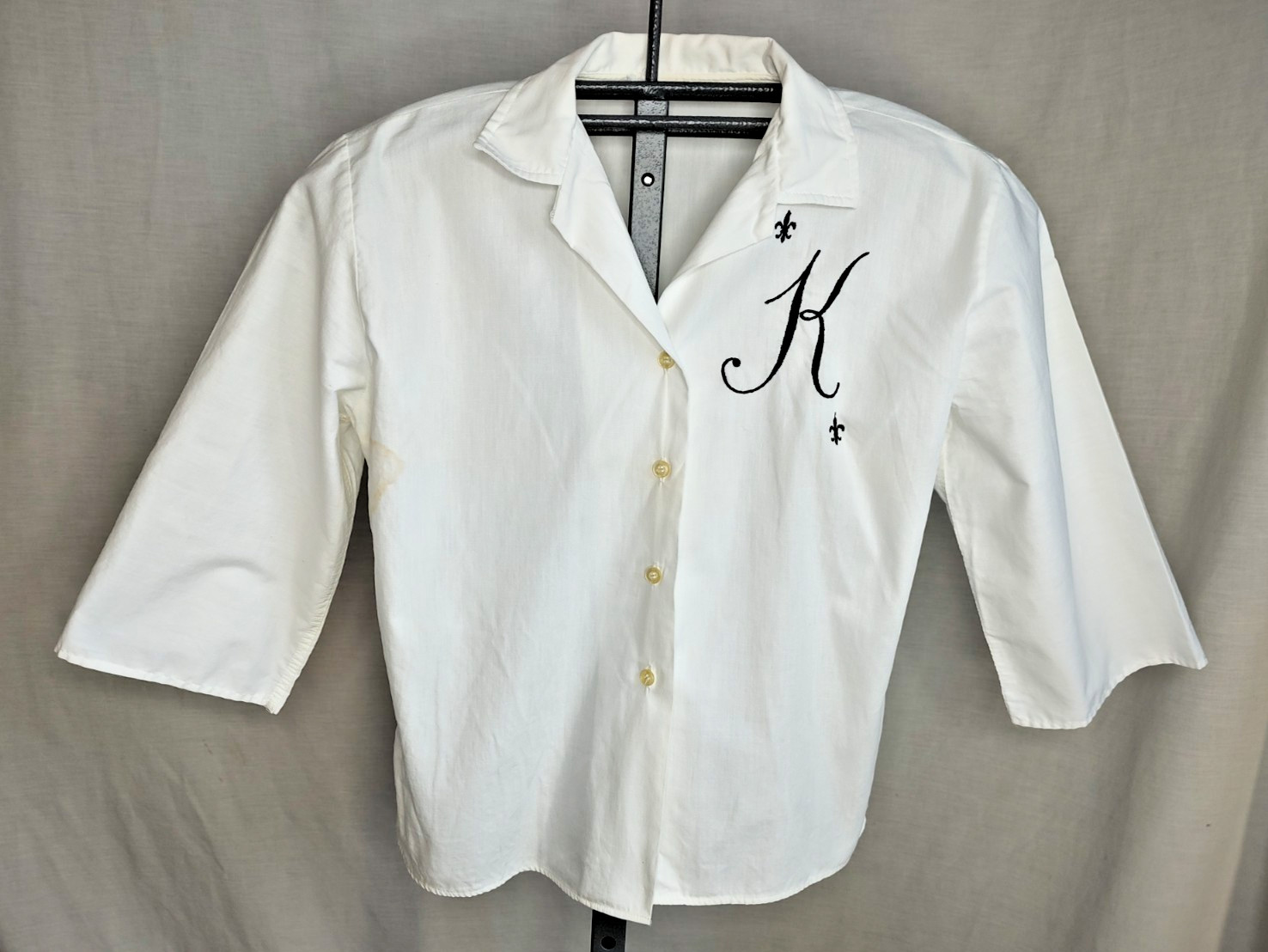 Vtg 1950s/60s White Button Front Shirt Top Womens Sz Small Monogram K Rockabilly