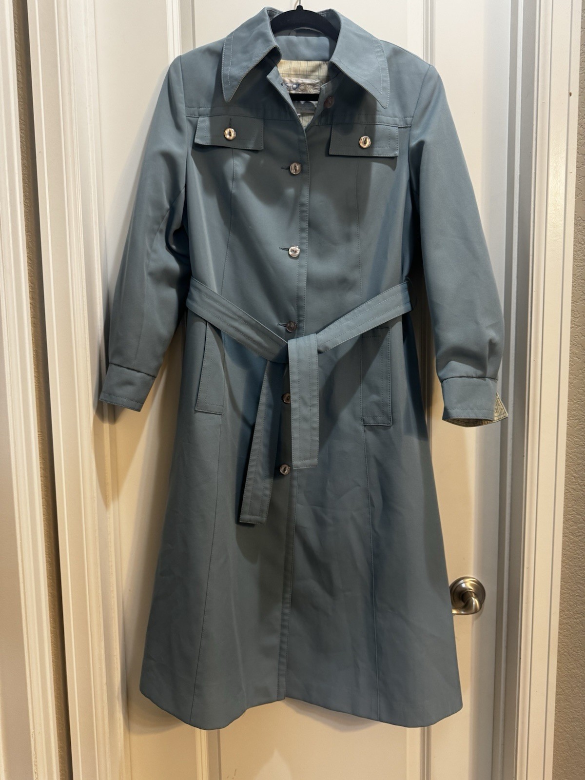 Vintage AstorOne Blue Woven Polyester Belted Trench Coat Size 12 Lined Pockets