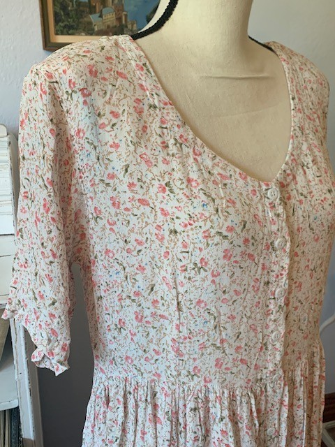 Vintage Midi Maxi Dress Pink ROSE Floral Rayon Cottagecore Pastel 90s Y2K Large
