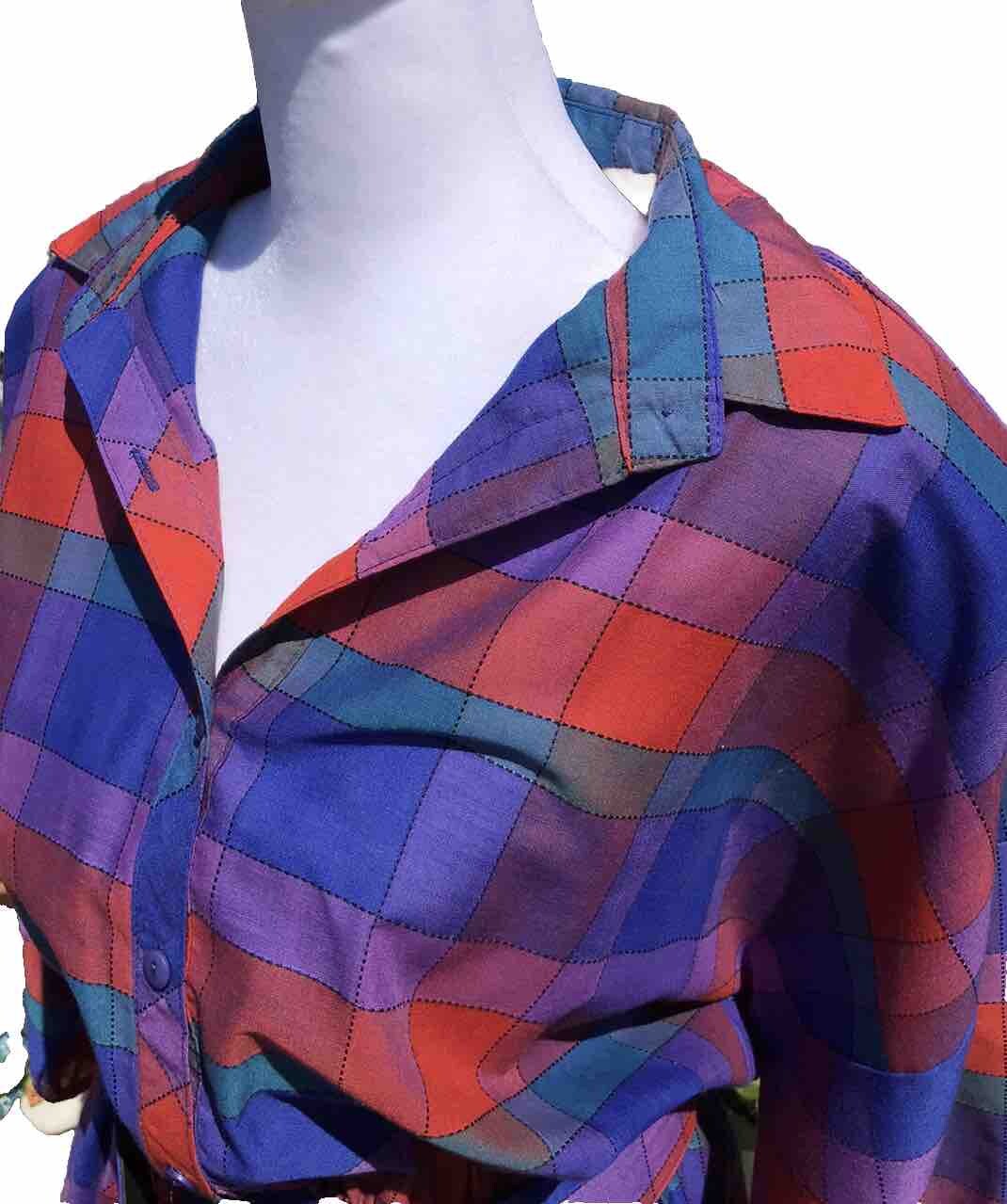 Vtg 80’s AMERICAN SHIRT DRESS Women’s M L 13 Geo Color Block Belted Shldr Pads