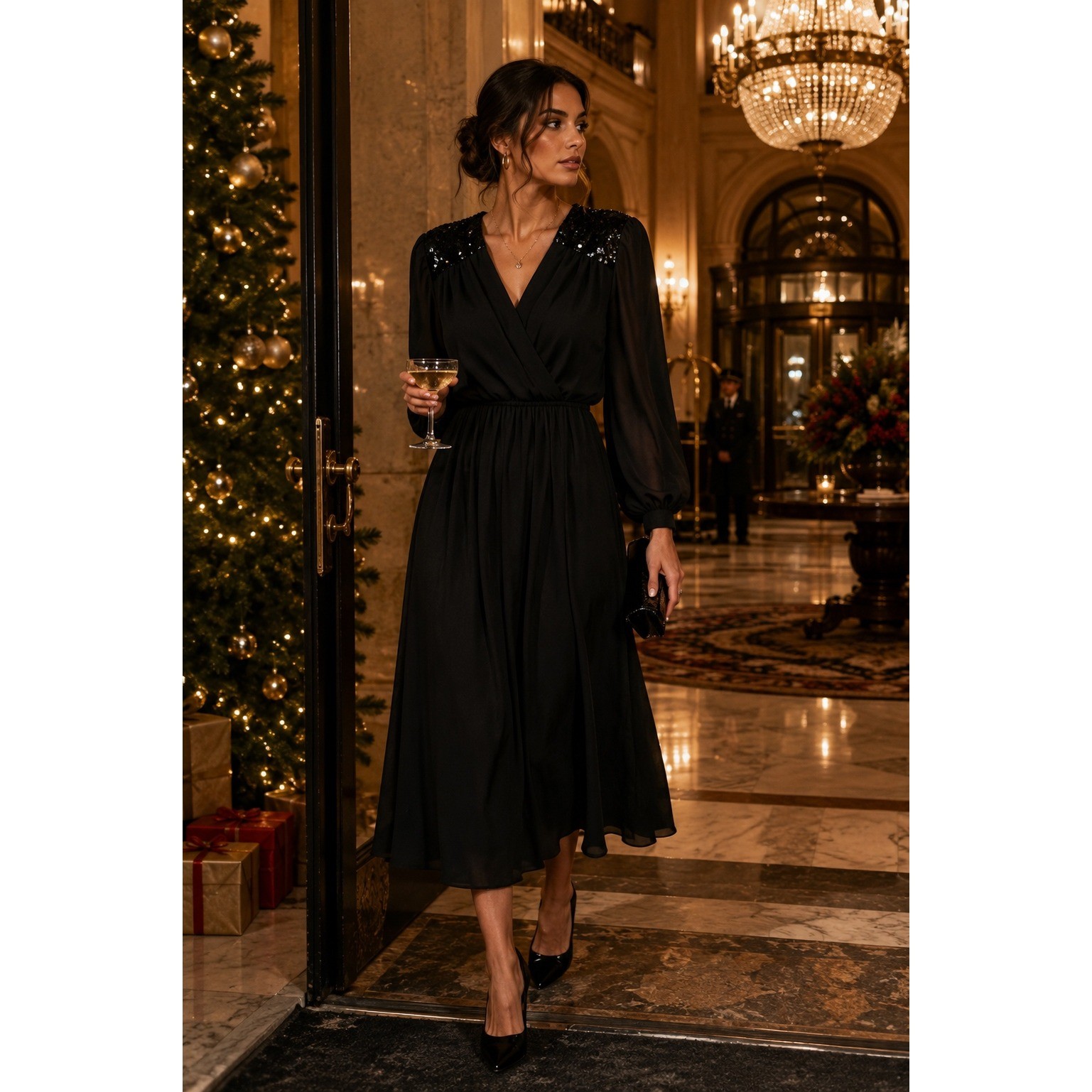 Vintage 80s Dress Black Sequin Shoulder Cocktail Midi Dress Long Sleeve Size 8