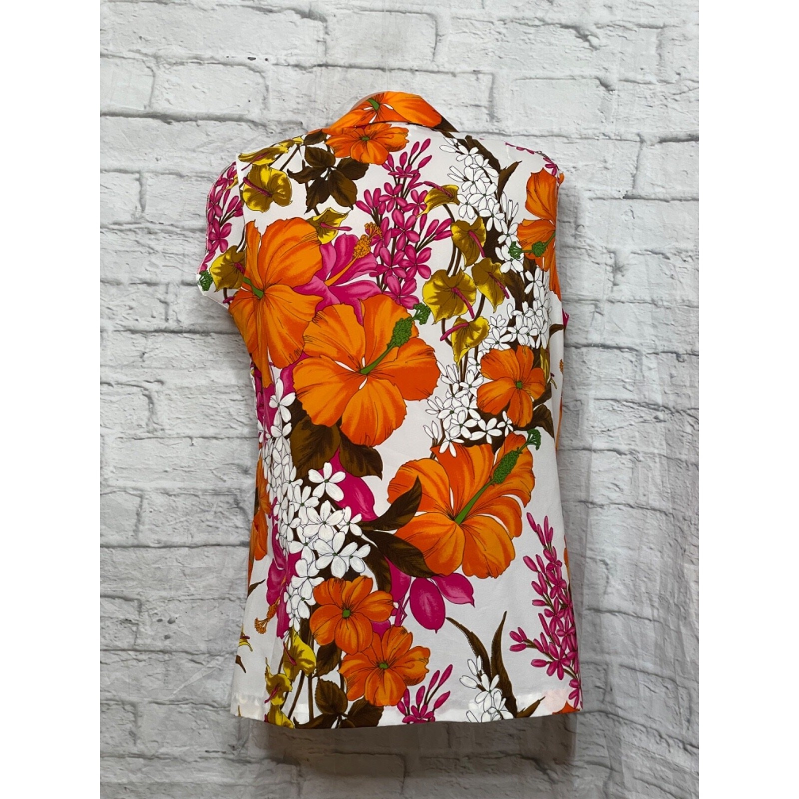 Vtg LIBERTY HOUSE Hawaiian Print Sleeveless Tiki Button Top Med