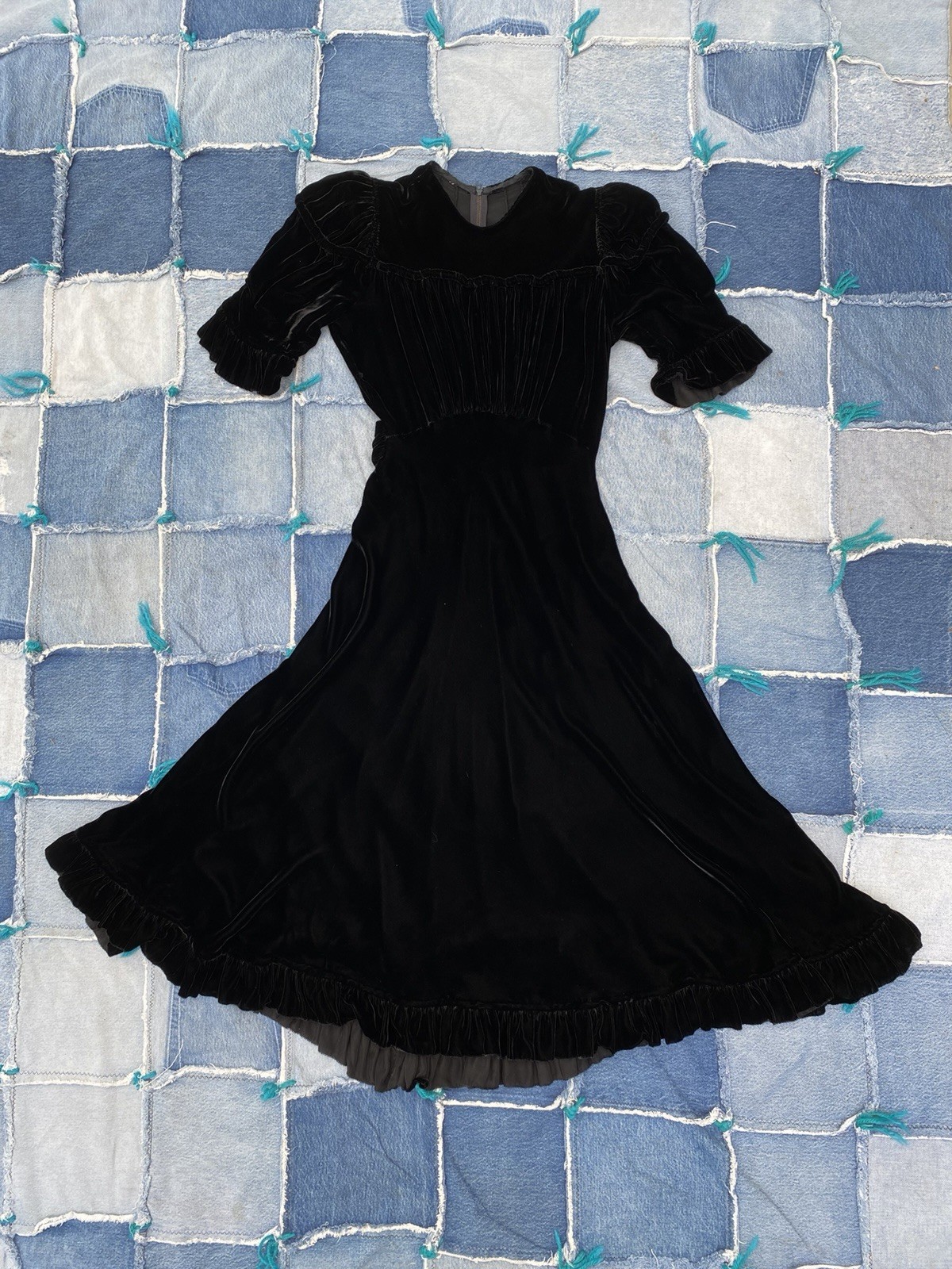 1930s Black Velvet Evening Dress Puff Sleeve Art Deco Gothic Original Zip XS