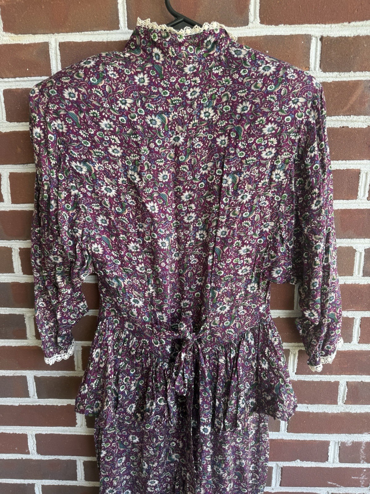 Vintage 80s Moonglow Floral Prairie Dress Small Lace Trim Drop Waist Peplum