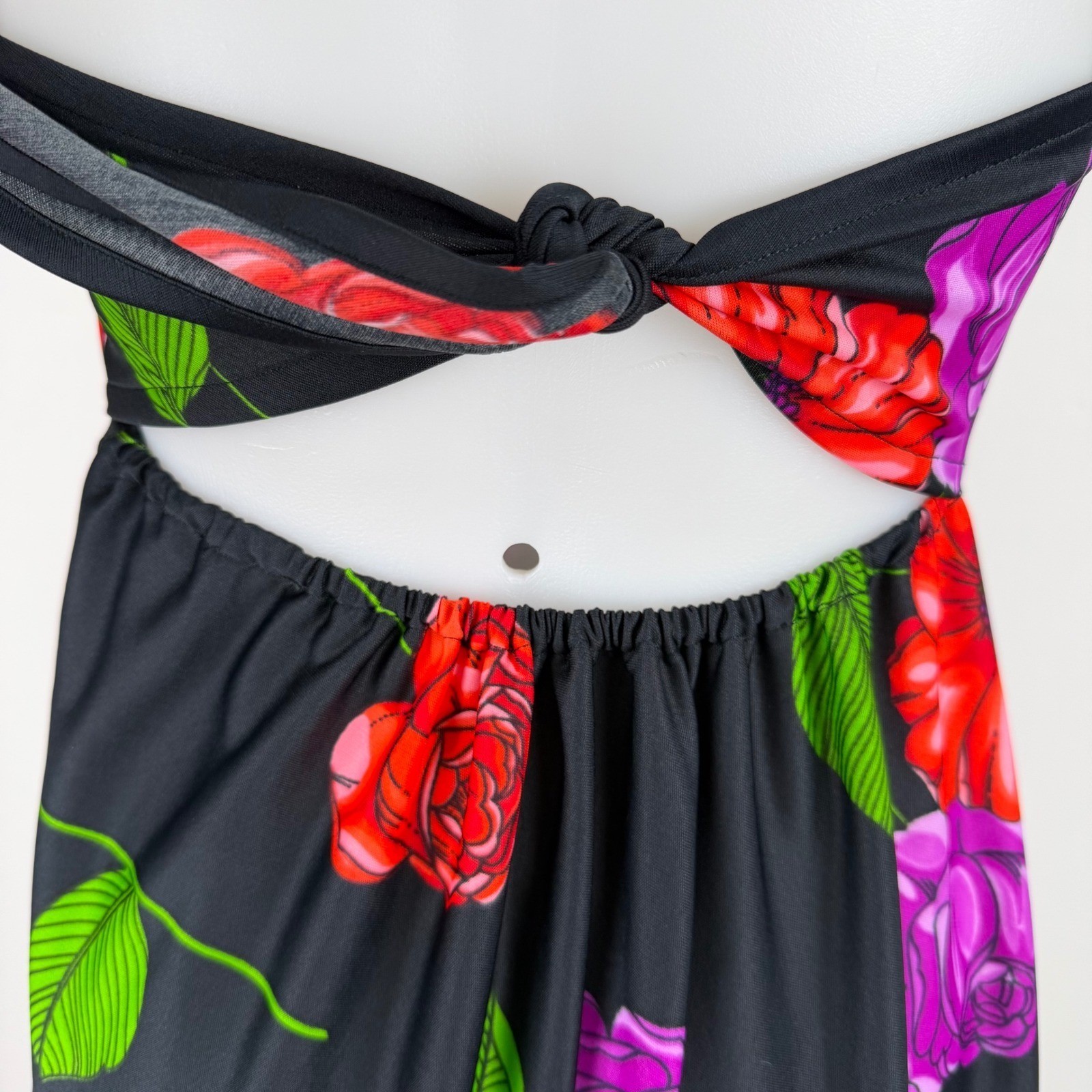 VTG Floral Halter Maxi Dress Black Red Purple Rose Keyhole Tie Back Summer
