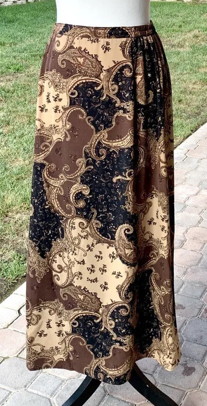 Skirt Brown Vintage Laura Scott Plus Size:16W Brown w/Black Swirl Multi-Print