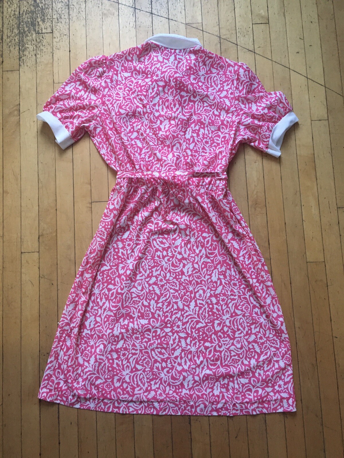 Retro Sue Sherry Dress M Pink White Button Down Belt Vintage