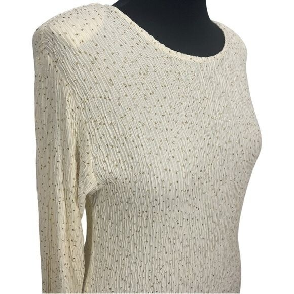 VTG Ivory w/ Gold metallic Dots COPY CATS Long Sleeve Crinkle Mini Dress L/XL
