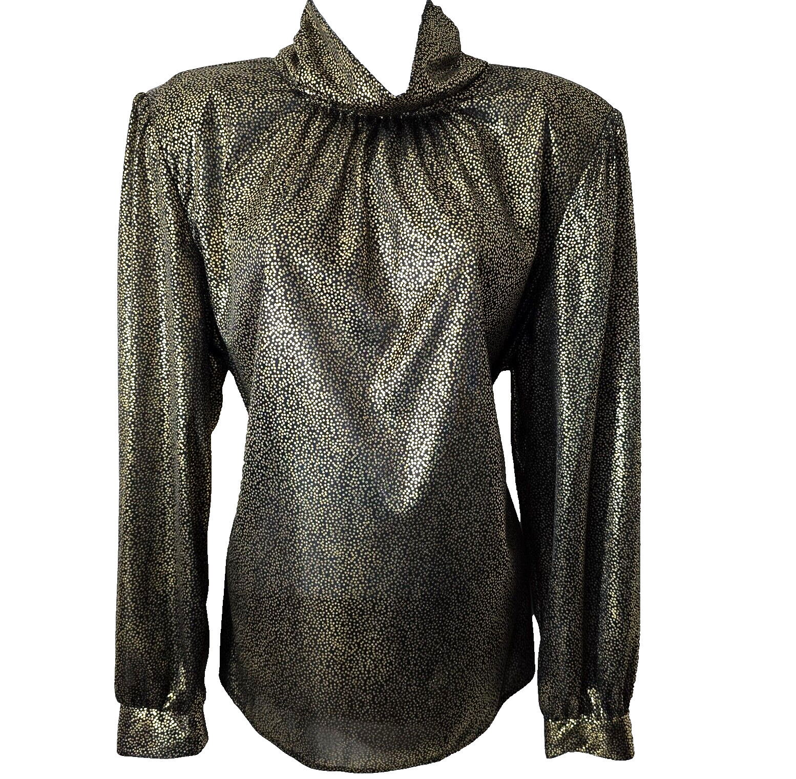 Vintage 80s Disco Gold Top L XL Shirt Cowl Neck Sheer Keyhole Black Dot Foil