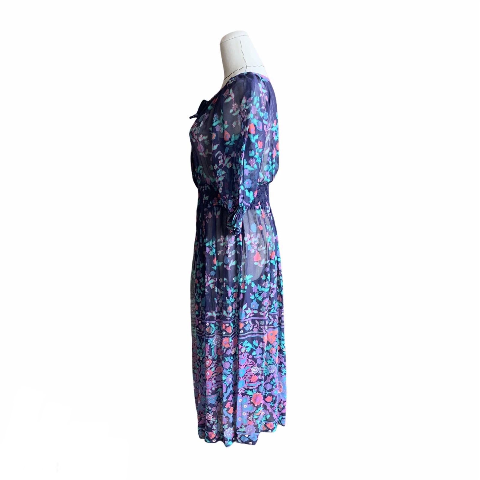 Vintage 70s Ted Lapidus Boutique Floral Day Dress Puff Sleeve Peasant Boho Sm