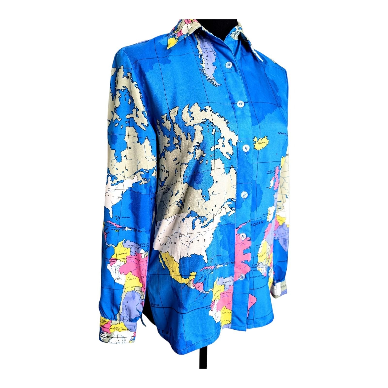 Vtg 70s Disco Shirt King James Novelty Print World Map Topography Cartography S