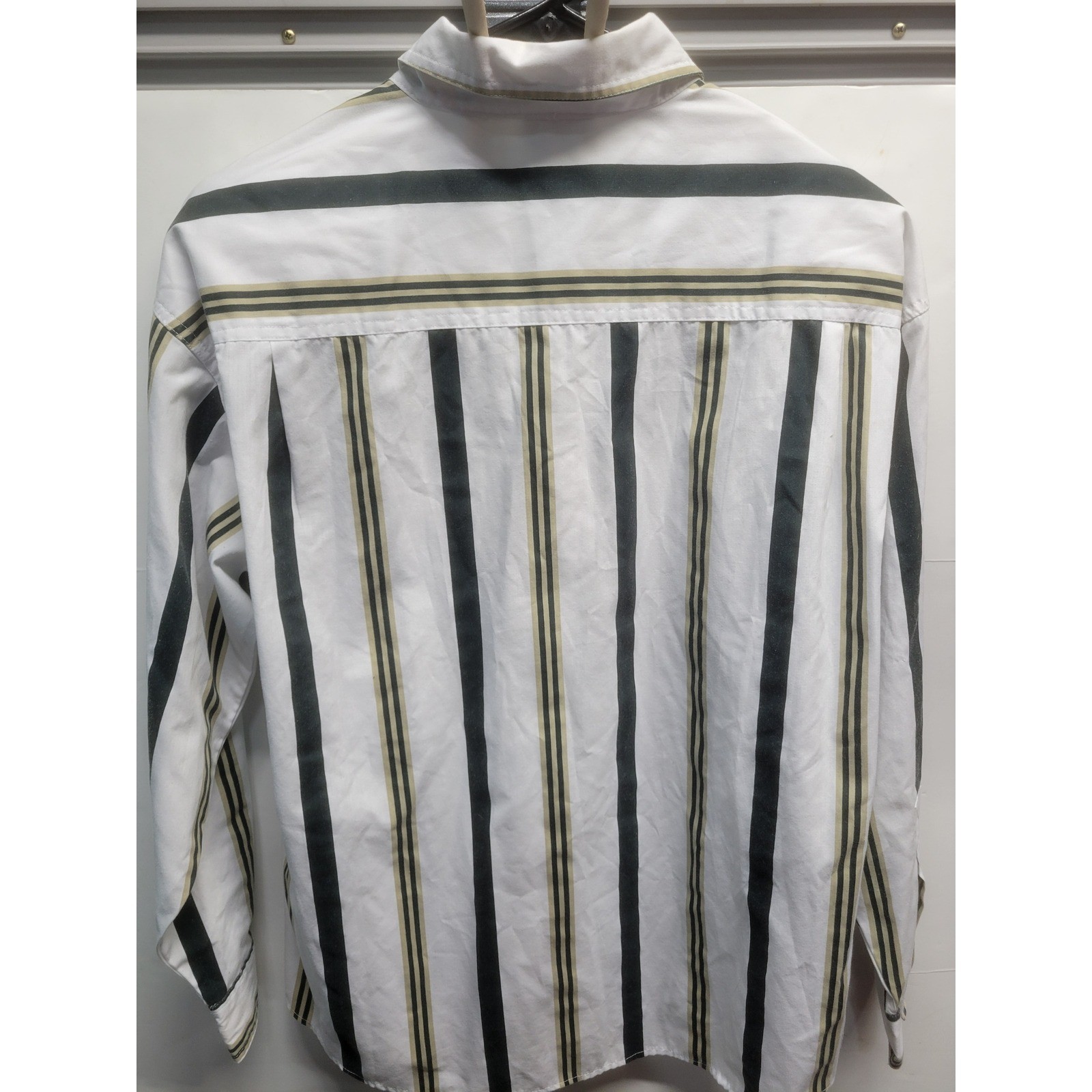 Bobbie Brooks Sport Striped Button Down Shirt White Green Tan Embroidered Crest