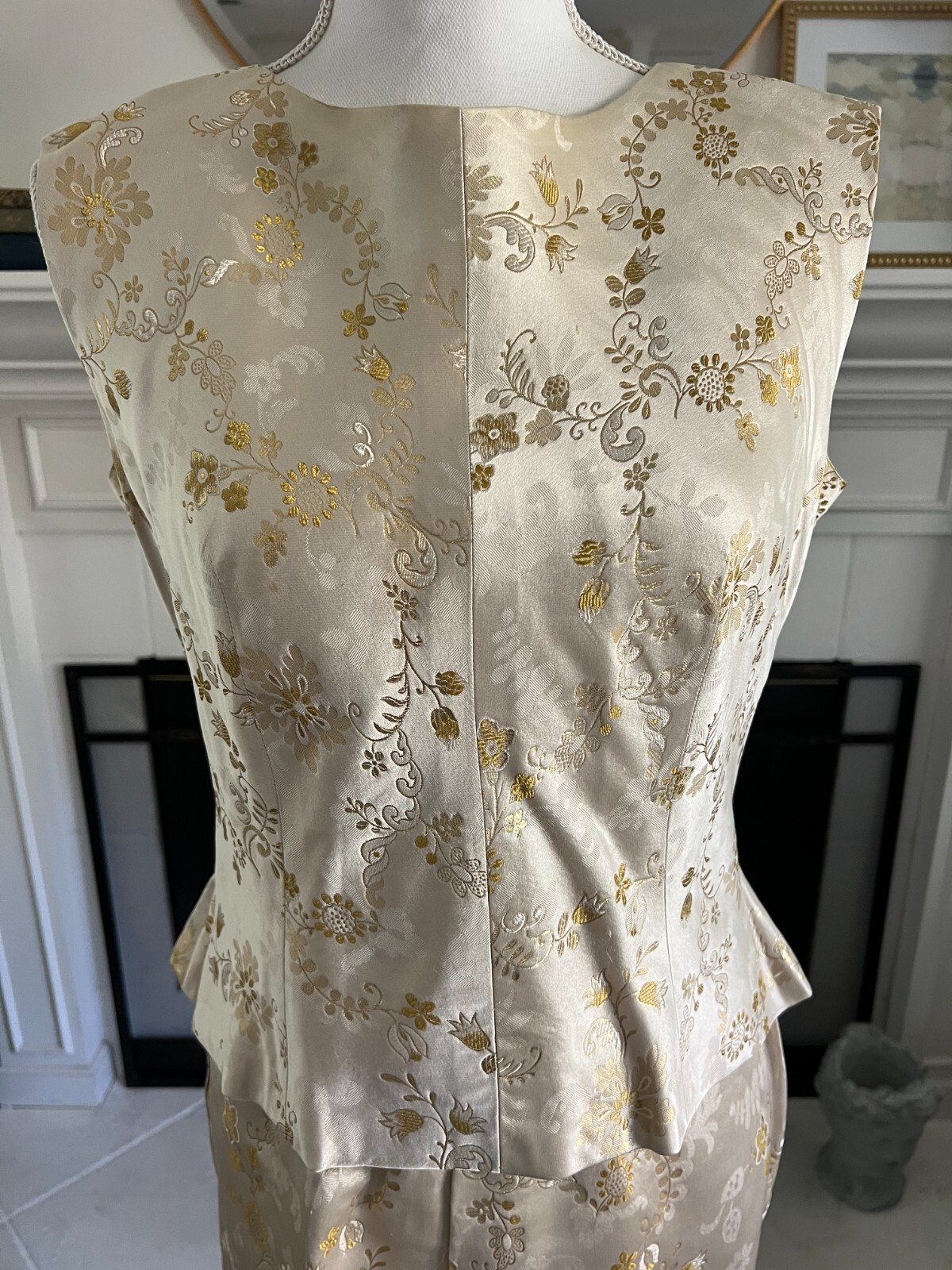 VTG Gold Metallic 2 Piece Satin Floral Brocade 60’s Evening Skirt and Top Sz M