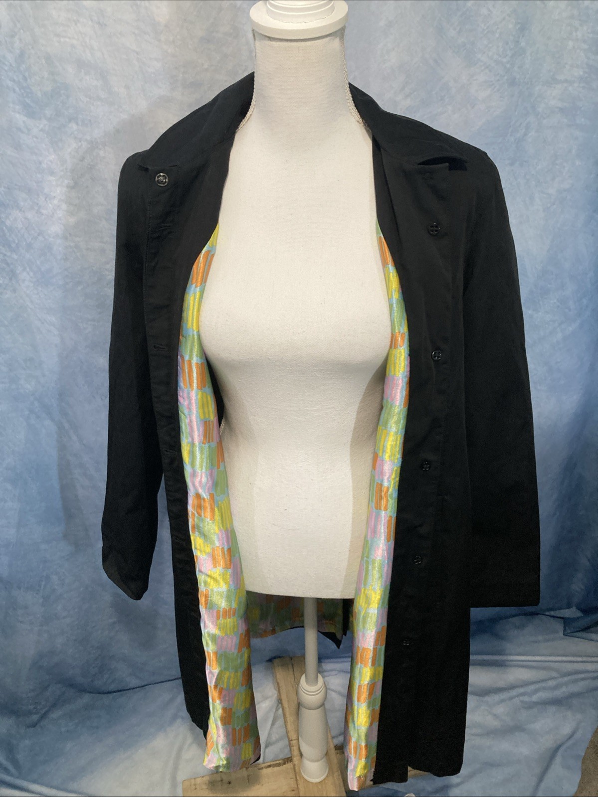 Vtg Y2K Jones New York Black Trench Coat Rain City Colorful Geometric Lining M