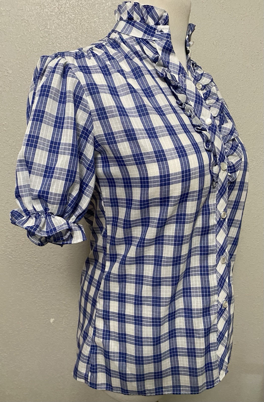 Vintage Laura Mae Life Blouse Blue Plaid Cottagecore Short Puff Sleeves 38 36 40